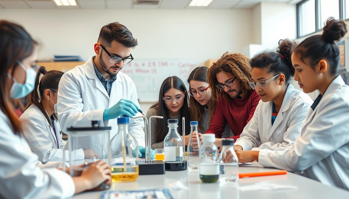 Students studying together in modern classroom